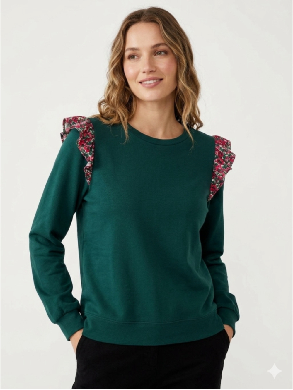 Women's J.Crew Floral Ruffle Shoulder Sweatshirt Academic Green Medium - 769